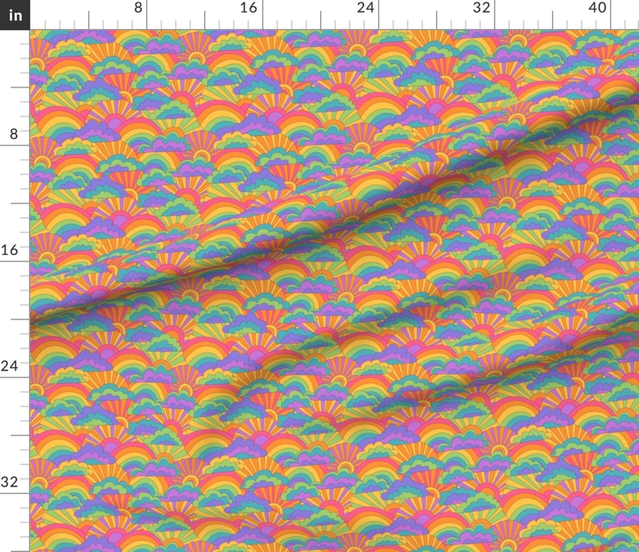 70S 60S Sunrise Pink Green Retro Purple Orange Clouds Turquoise Colourful Sun Rainbow Weather Rays Custom Printed Fabric by Spoonflower Various Fabrics by the Yard or Fat Quarter